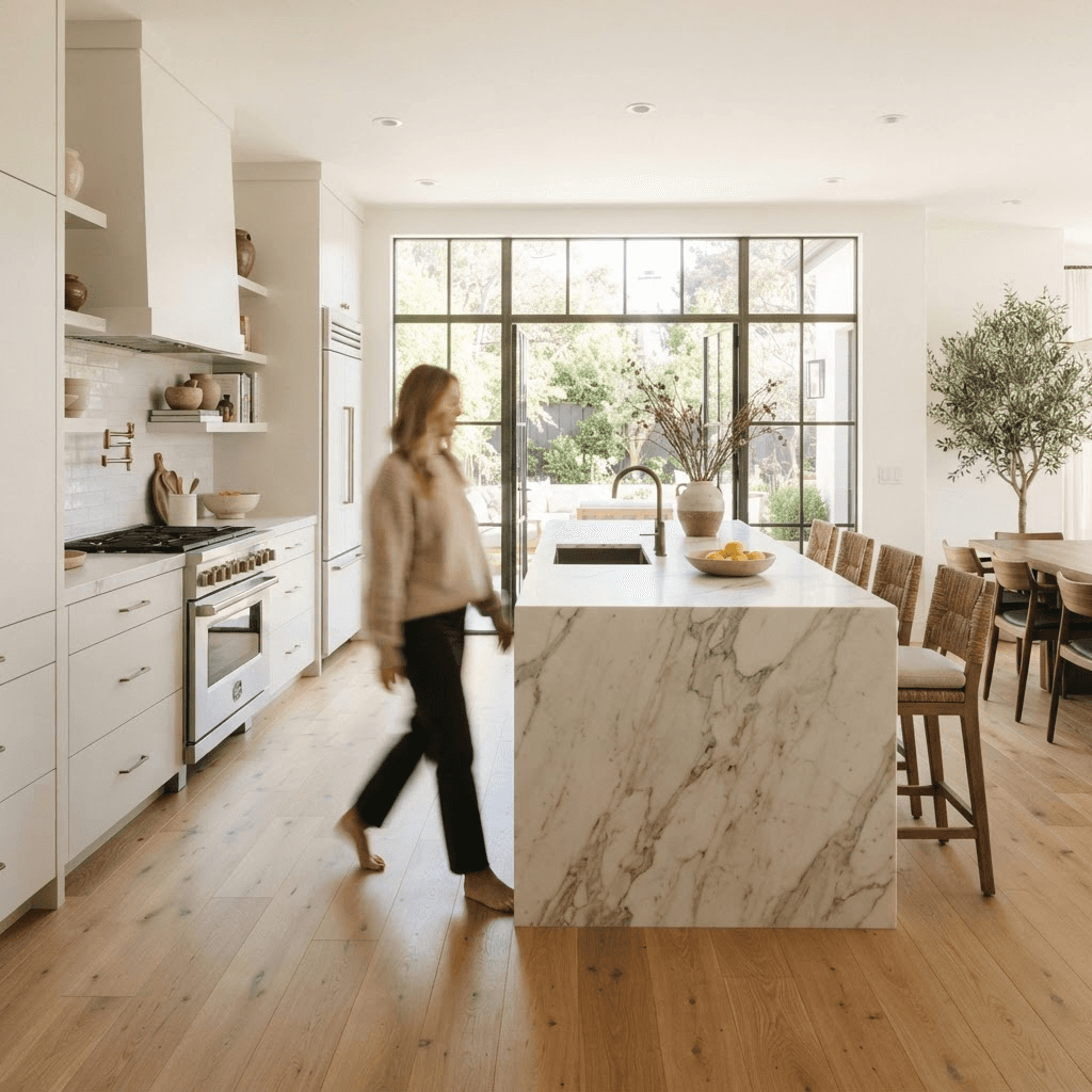 Bright modern kitchen with freshly finished warm oak hardwood floors